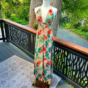 Beautiful Peach All Over Print Tropical Floral Halter Tie Maxi Dress